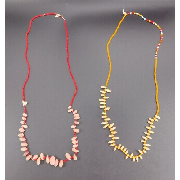 Beaded Cowrie Shell Necklace Handmade Lot of 2 Red Orange White Vintage - Picture 1 of 7